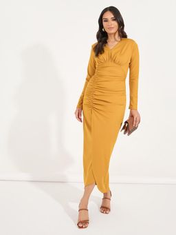 Styli - Women Mustard Solid V-Neck Gathered Detail Bodycon Maxi Dress