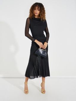 Styli - Women Black Ruched Detail Mesh A-Line Maxi Dress with Front Slit