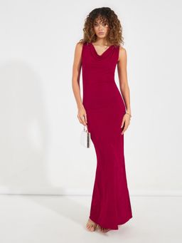 Styli - Women Maroon Solid Cowl Neck Sleeveless Sheath Maxi Dress