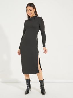 Styli - Women Black Solid High Neck Bodycon Midi Dress