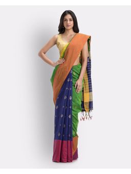 Angoshobha - Handwoven Printed Festive Cotton Blend Saree -Blue Green with Unstitched