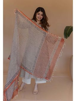 The Indian Ethnic Co. - Grey Bagru Kota Doria Cotton Dupatta