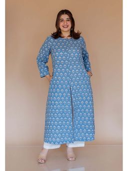 The Indian Ethnic Co. - Zyra Blue Ajrakh Cotton A Line Kurta
