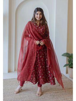 The Indian Ethnic Co. - Shinat Red Ajrakh Cotton Kali Kurta With Hand Embroidery