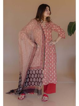 The Indian Ethnic Co. - Avika Red Bagru Cotton Straight Kurta