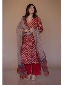 The Indian Ethnic Co. - Shanza Red Bagru Cotton Straight Kurta