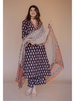 The Indian Ethnic Co. - Shanza Black Bagru Cotton Straight Kurta with Embroidery