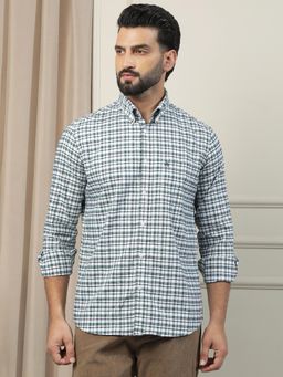 CRIMSOUNE CLUB - Men's 100% Cotton White Checked Shirt