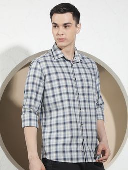 CRIMSOUNE CLUB - Men's Blue Checked 100% Cotton Shirt