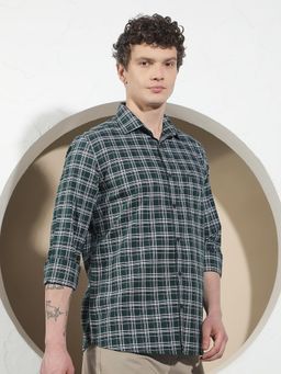 CRIMSOUNE CLUB - Men's Green Checked 100% Cotton Shirt