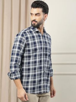 CRIMSOUNE CLUB - Men's Navy Blue Checked 100% Cotton Shirt