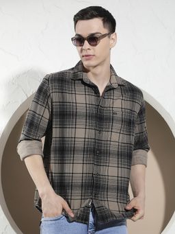 CRIMSOUNE CLUB - Men's Beige Checked 100% Cotton Corduroy Shirt