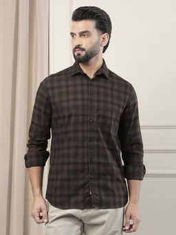 CRIMSOUNE CLUB - Men's 100% Cotton Brown Checked Shirt
