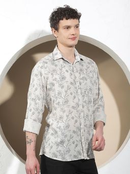 CRIMSOUNE CLUB - Men's Linen Beige Floral Print Shirt