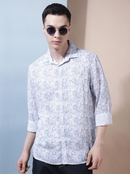 CRIMSOUNE CLUB - Men's Linen Grey Abstract Print Shirt