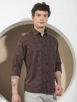 CRIMSOUNE CLUB - Men's Brown Printed Linen Shirt
