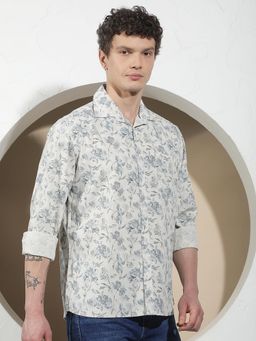 CRIMSOUNE CLUB - Men's Beige Floral Print Linen Shirt