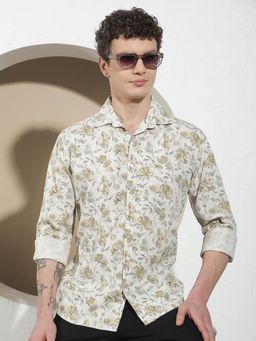 CRIMSOUNE CLUB - Men's Beige Floral Print Linen Shirt