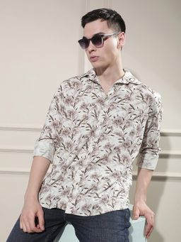 CRIMSOUNE CLUB - Men's Brown Floral Print Linen Shirt