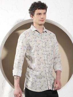 CRIMSOUNE CLUB - Men's Beige Floral Print Linen Shirt