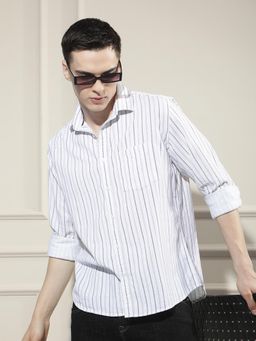 CRIMSOUNE CLUB - Men's White Vertical Stripes 100% Cotton Corduroy Shirt