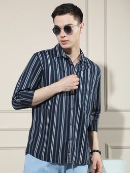 CRIMSOUNE CLUB - Men's Navy Blue Vertical Stripes 100% Cotton Shirt