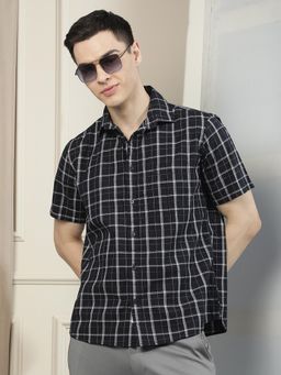 CRIMSOUNE CLUB - Men's Black Checked 100% Cotton Shirt