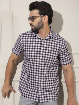 CRIMSOUNE CLUB - Men's Wine Checked 100% Cotton Shirt