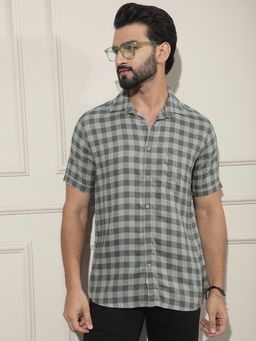 CRIMSOUNE CLUB - Men's Green Checked Linen Shirt