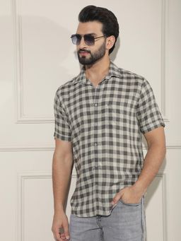 CRIMSOUNE CLUB - Men's Brown Checked Linen Shirt