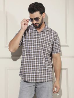 CRIMSOUNE CLUB - Men's Brown Checked 100% Cotton Shirt
