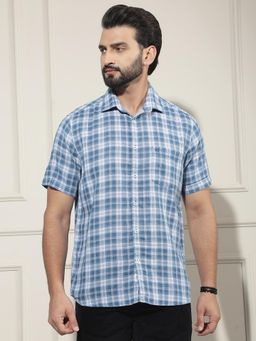 CRIMSOUNE CLUB - Men's Blue Checked 100% Cotton Shirt