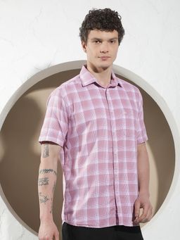 CRIMSOUNE CLUB - Men's Pink Checked 100% Cotton Shirt