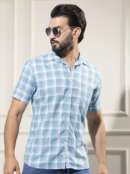 CRIMSOUNE CLUB - Men's Blue Checked 100% Cotton Shirt