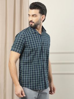 CRIMSOUNE CLUB - Men's Blue Checked 100% Cotton Shirt