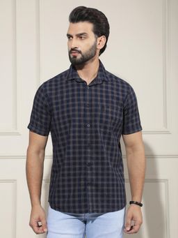 CRIMSOUNE CLUB - Men's Navy Blue Checked 100% Cotton Shirt