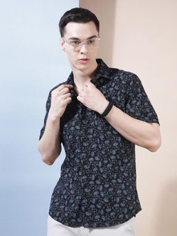 CRIMSOUNE CLUB - Men's Navy Blue Floral Print Shirt