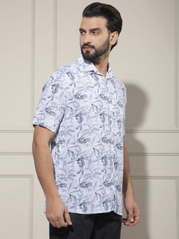 CRIMSOUNE CLUB - Men's White Floral Print Linen Shirt
