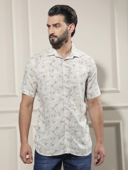 CRIMSOUNE CLUB - Men's Beige Floral Print Linen Shirt