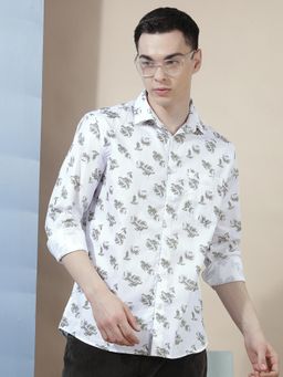 CRIMSOUNE CLUB - Men's White Floral Print 100% Cotton Shirt