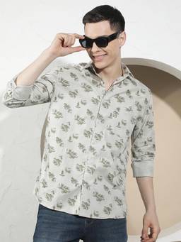 CRIMSOUNE CLUB - Men's Green Floral Print 100% Cotton Shirt
