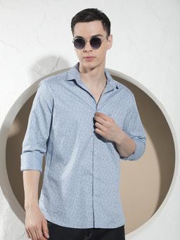 CRIMSOUNE CLUB - Men's Blue Print 100% Cotton Shirt