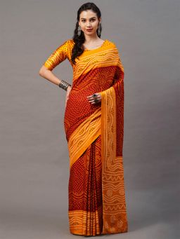 Odette - Rust & Mustard Casual Satin Silk Printed Saree with Unstitched Blouse