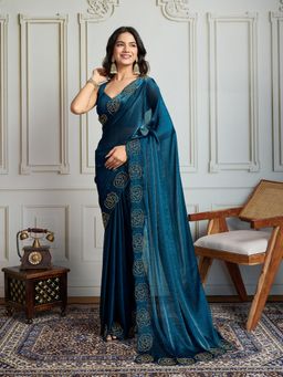 Lush Glam - Women Teal Embellished Saree with Unstitched Blouse