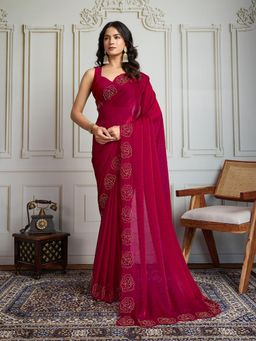 Lush Glam - Women Pink Embellished Saree with Unstitched Blouse