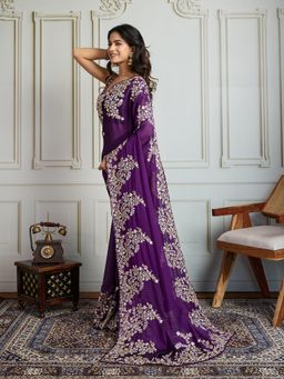 Lush Glam - Women Purple Embroidered Saree with Unstitched Blouse