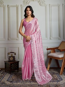 Lush Glam - Women Pink Embellished Saree with Unstitched Blouse