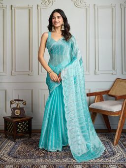 Lush Glam - Women Blue Embellished Saree with Unstitched Blouse