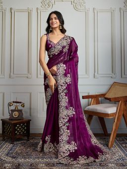 Lush Glam - Women Wine Embroidered Saree with Unstitched Blouse