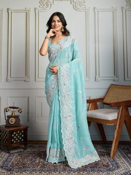Lush Glam - Women Blue Embroidered Saree with Unstitched Blouse